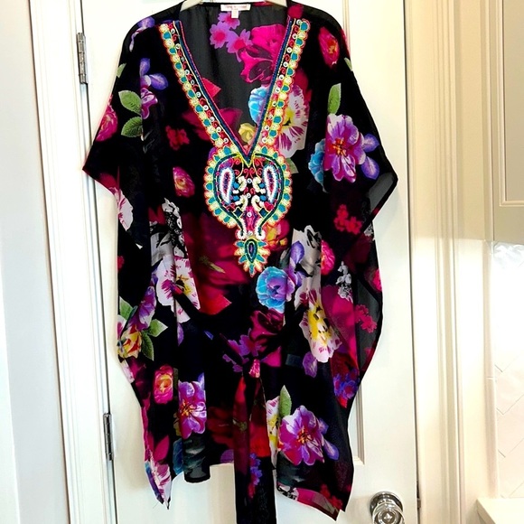 Flint & Moss beach Black Floral Embellished sheer cover up with tie sz.L - Picture 1 of 7